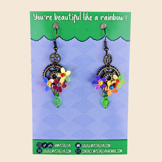 Boucles d'oreilles Oliver le jardinier - Fleurs irisées, steampunk et engrenages enchantés (La Clairière des Âmes Ferrées)