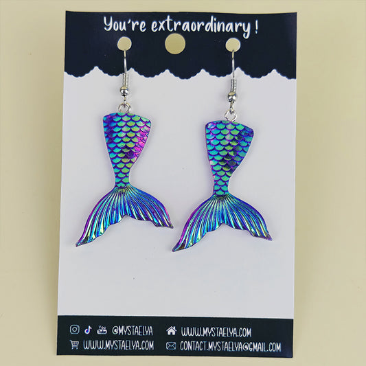 Boucles d’oreilles fantaisie Queue de sirène irisée – Bijou kawaii marin