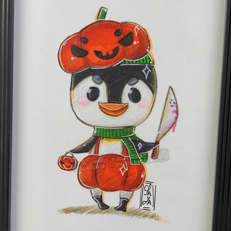 Halloween Penguin š - Pumpkin ā Framed Original Illustration
