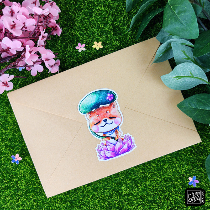 Sticker vinyle Shiba sur un lotus (chien) – méditation zen - papeterie kawaii