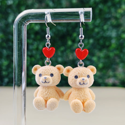 Boucles d’oreilles fantaisie Nounours & Cœur rouge – Bijou kawaii