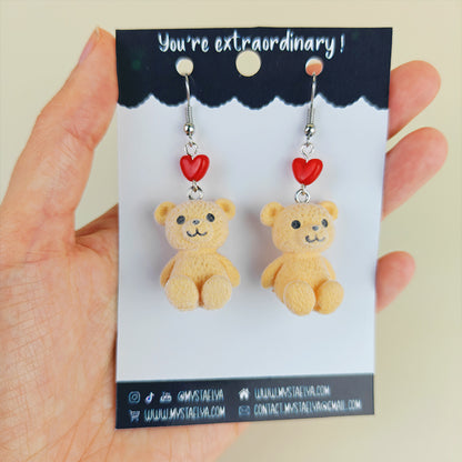 Boucles d’oreilles fantaisie Nounours & Cœur rouge – Bijou kawaii