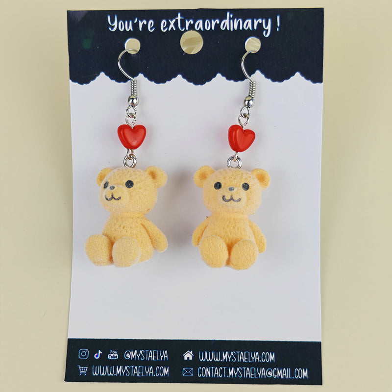 Boucles d’oreilles fantaisie Nounours & Cœur rouge – Bijou kawaii