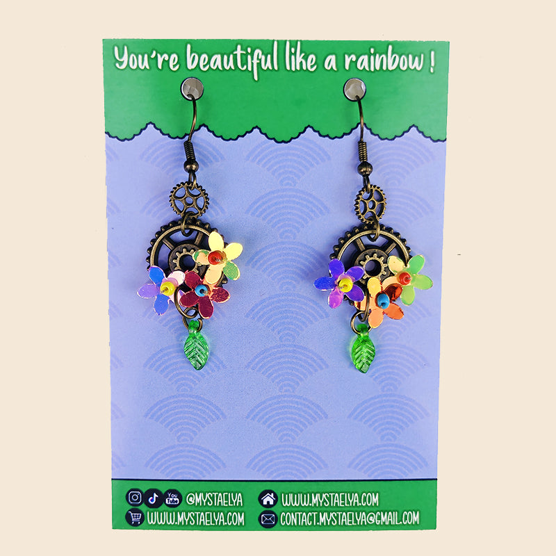 Boucles d'oreilles Oliver le jardinier - Fleurs irisées, steampunk et engrenages enchantés (La Clairière des Âmes Ferrées)