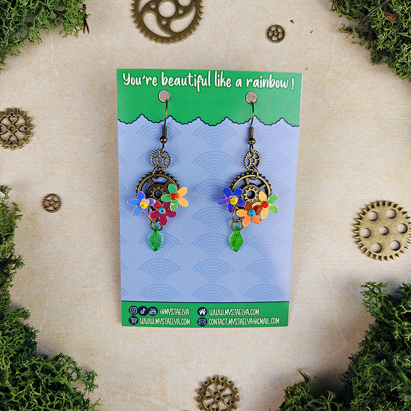 Boucles d'oreilles Oliver le jardinier - Fleurs irisées, steampunk et engrenages enchantés (La Clairière des Âmes Ferrées)
