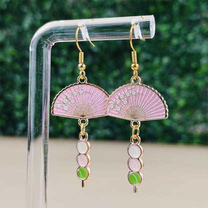 Boucles d’oreilles fantaisie Éventail rose & Dango – Bijou kawaii japonais