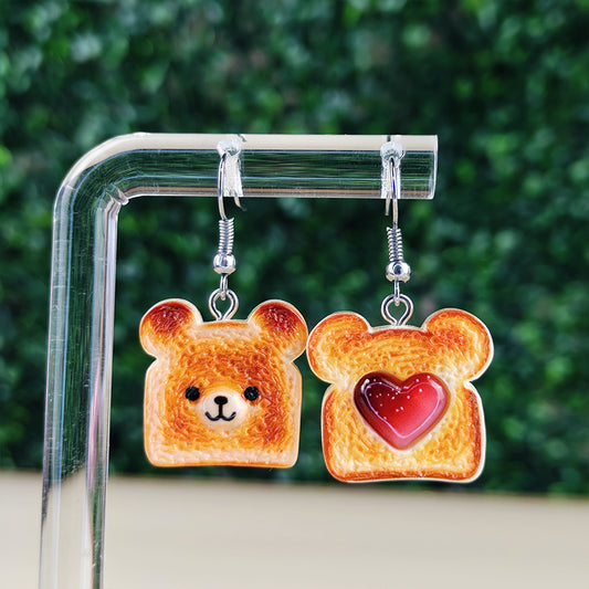 Boucles d’oreilles fantaisie asymétriques Oursons Toast & Confiture – Bijou kawaii gourmand