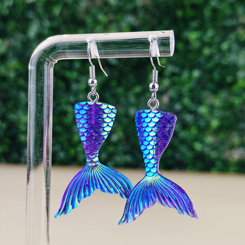 Boucles d’oreilles fantaisie Queue de sirène irisée – Bijou kawaii marin