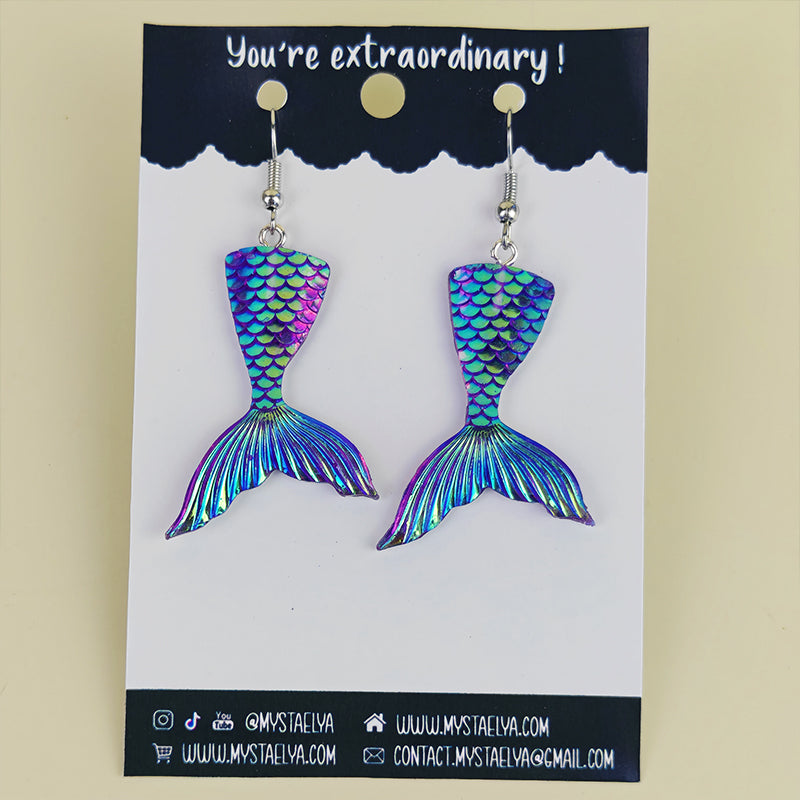 Boucles d’oreilles fantaisie Queue de sirène irisée – Bijou kawaii marin