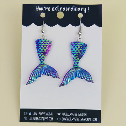 Boucles d’oreilles fantaisie Queue de sirène irisée – Bijou kawaii marin