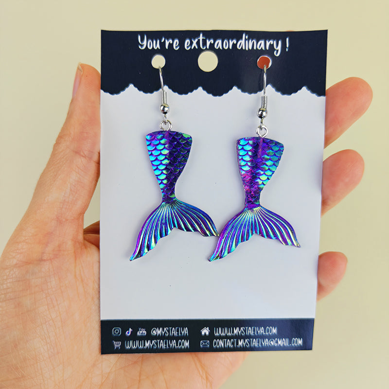 Boucles d’oreilles fantaisie Queue de sirène irisée – Bijou kawaii marin