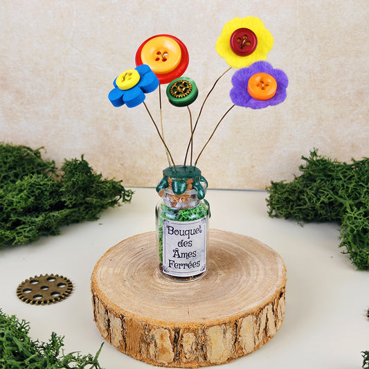 Bouquet des Âmes Ferrées #10 - Fiole décorative du jardin d'Oliver - kawaii steampunk fleurs (pièce unique, La Clairière des Âmes Ferrées)
