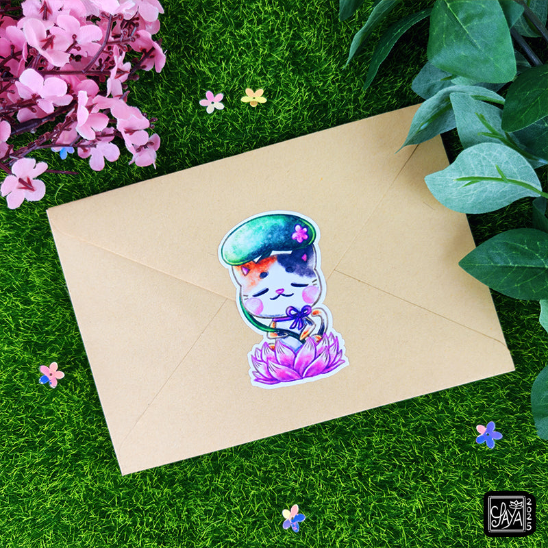 Sticker vinyle chat sur un lotus – méditation zen - papeterie kawaii
