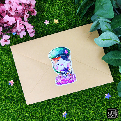 Sticker vinyle chat sur un lotus – méditation zen - papeterie kawaii