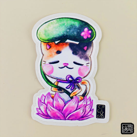 Sticker vinyle chat sur un lotus – méditation zen - papeterie kawaii