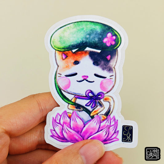 Sticker vinyle chat sur un lotus – méditation zen - papeterie kawaii