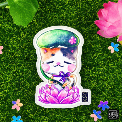 Sticker vinyle chat sur un lotus – méditation zen - papeterie kawaii