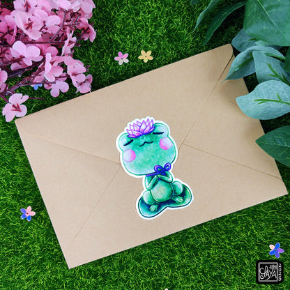 Sticker vinyle grenouille sur une feuille de lotus – méditation zen - papeterie kawaii
