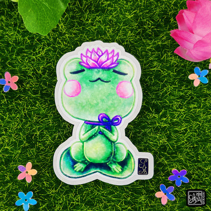 Sticker vinyle grenouille sur une feuille de lotus – méditation zen - papeterie kawaii