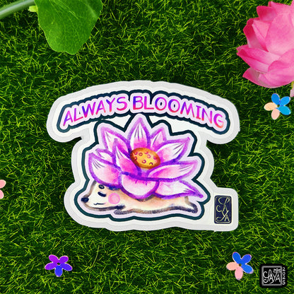 Sticker vinyle Hérisson lotus "Always blooming" – méditation zen - papeterie kawaii
