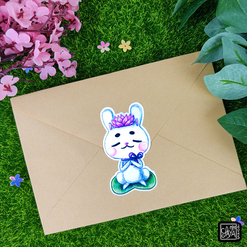 Sticker vinyle lapin sur une feuille de lotus – méditation zen - papeterie kawaii