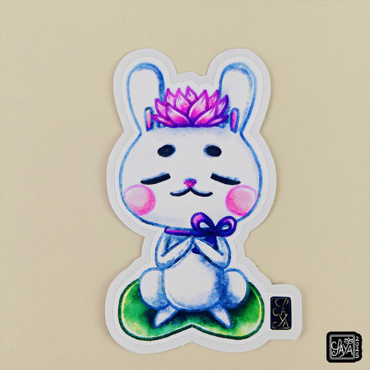 Sticker vinyle lapin sur une feuille de lotus – méditation zen - papeterie kawaii