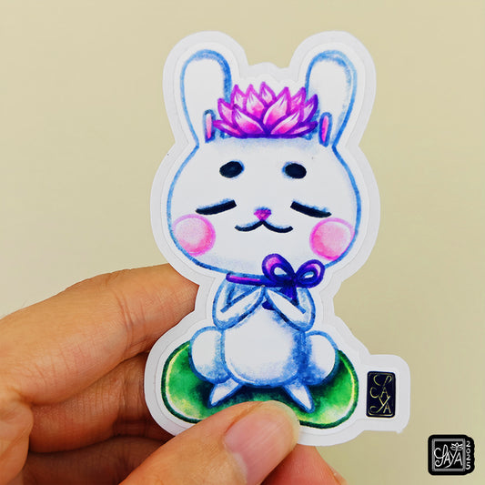 Sticker vinyle lapin sur une feuille de lotus – méditation zen - papeterie kawaii