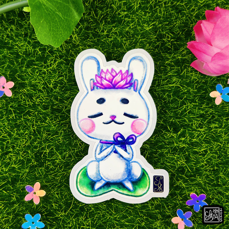 Sticker vinyle lapin sur une feuille de lotus – méditation zen - papeterie kawaii