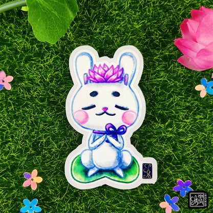 Sticker vinyle lapin sur une feuille de lotus – méditation zen - papeterie kawaii