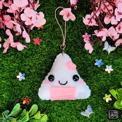 Porte-clé Onigiri kawaii saveur sakura - Boulette de riz japonaise fleur de cerisier en feutrine faite main