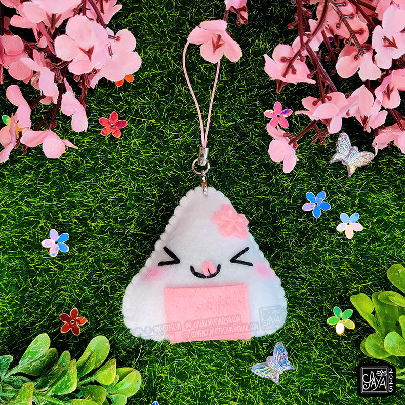 Porte-clé Onigiri kawaii saveur sakura - Boulette de riz japonaise fleur de cerisier en feutrine faite main