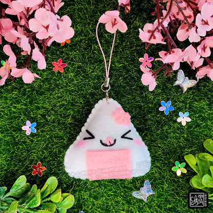 Porte-clé Onigiri kawaii saveur sakura - Boulette de riz japonaise fleur de cerisier en feutrine faite main