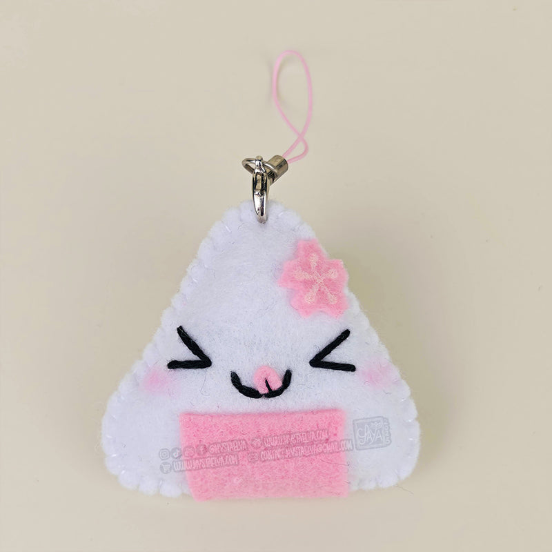 Porte-clé Onigiri kawaii saveur sakura - Boulette de riz japonaise fleur de cerisier en feutrine faite main