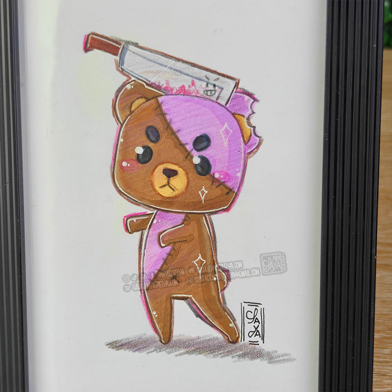 Halloween Bear 🎃 - Zombie & Machete — Framed Original Illustration