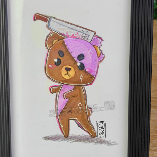 Halloween Bear 🎃 - Zombie & Machete — Framed Original Illustration