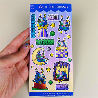 Vivy l'observatrice des étoiles - Planche de stickers vinyle kawaii prédécoupés (La Clairière des Âmes Ferrées)