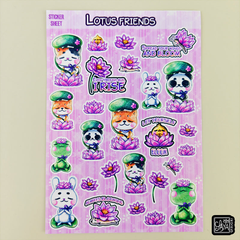 Les amis des lotus "Lotus friends" - Planche de stickers vinyle kawaii prédécoupés
