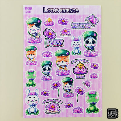 Les amis des lotus "Lotus friends" - Planche de stickers vinyle kawaii prédécoupés
