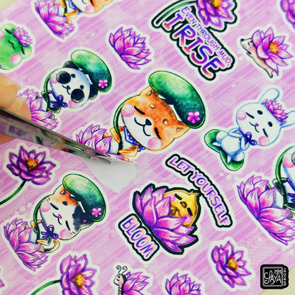 Les amis des lotus "Lotus friends" - Planche de stickers vinyle kawaii prédécoupés