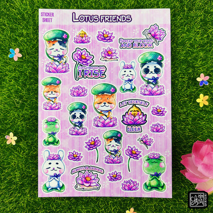 Les amis des lotus "Lotus friends" - Planche de stickers vinyle kawaii prédécoupés