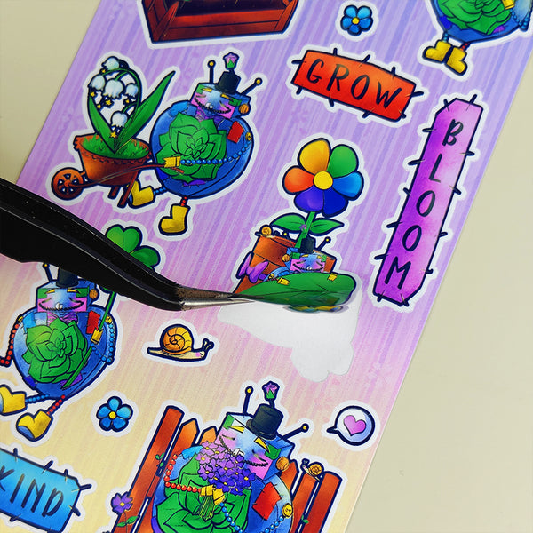 Oliver le jardinier au grand coeur - Planche de stickers vinyle kawaii prédécoupés (La Clairière des Âmes Ferrées)