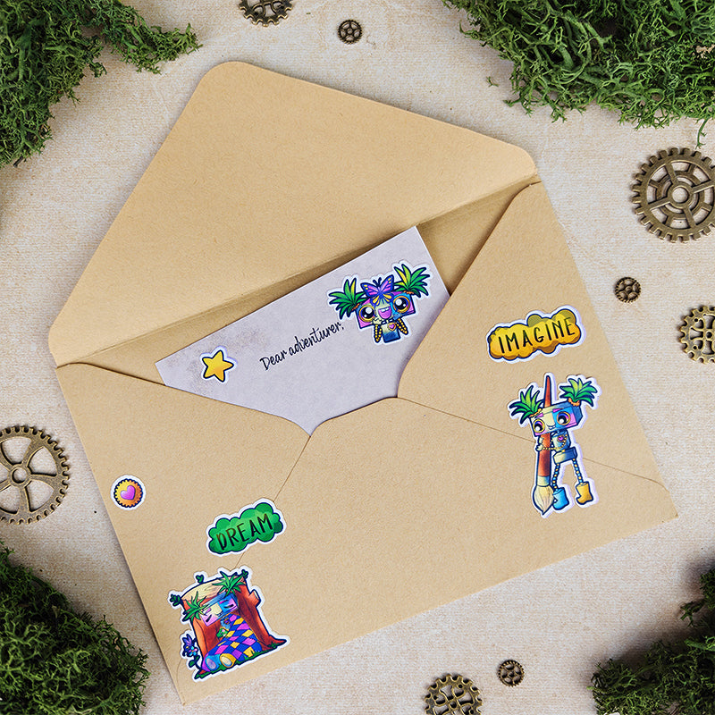 Pixy l’exploratrice curieuse - Planche de stickers vinyle kawaii prédécoupés (La Clairière des Âmes Ferrées)