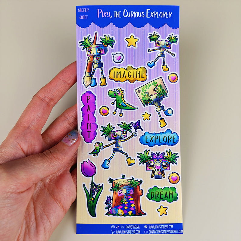 Pixy l’exploratrice curieuse - Planche de stickers vinyle kawaii prédécoupés (La Clairière des Âmes Ferrées)