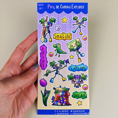 Pixy l’exploratrice curieuse - Planche de stickers vinyle kawaii prédécoupés (La Clairière des Âmes Ferrées)