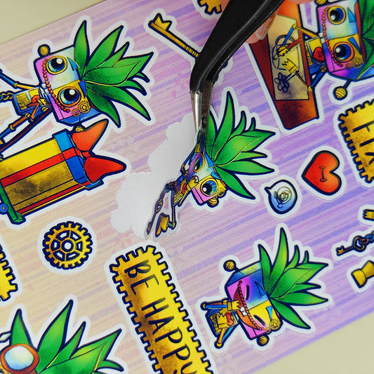 Sparky l'inventeur au grand coeur - Planche de stickers vinyle kawaii prédécoupés (La Clairière des Âmes Ferrées)