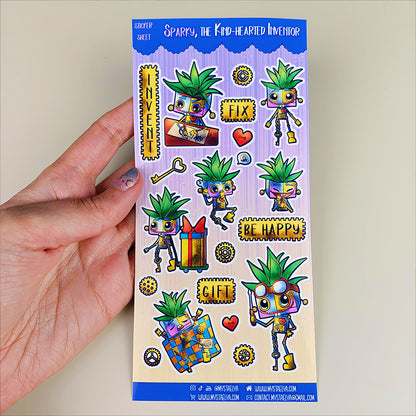 Sparky l'inventeur au grand coeur - Planche de stickers vinyle kawaii prédécoupés (La Clairière des Âmes Ferrées)