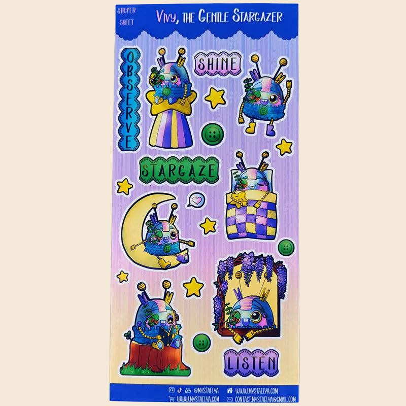 Vivy l'observatrice des étoiles - Planche de stickers vinyle kawaii prédécoupés (La Clairière des Âmes Ferrées)