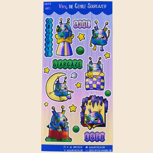 Vivy l'observatrice des étoiles - Planche de stickers vinyle kawaii prédécoupés (La Clairière des Âmes Ferrées)