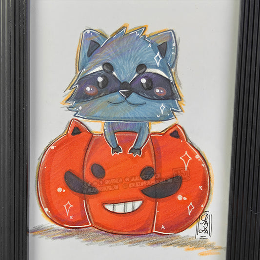 Halloween Raccoon 🎃 - Pumpkin — Framed Original Illustration