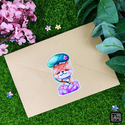 Sticker vinyle Shiba sur un lotus (chien) – méditation zen - papeterie kawaii